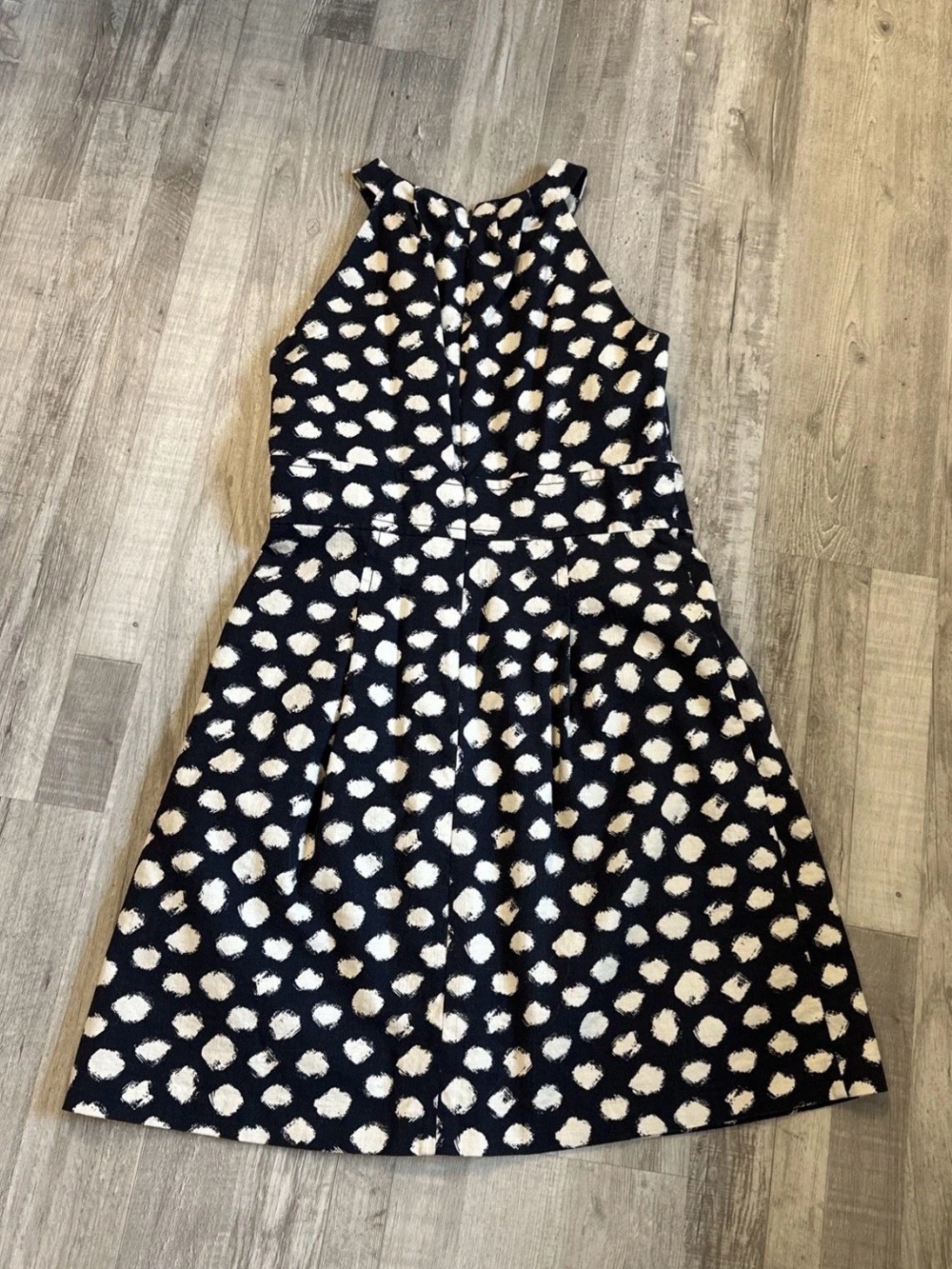 Ann Taylor Loft Sleeveless Polka Dot Dress Womens 6 Navy White High Neck A-Line